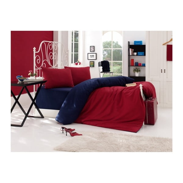Modro-rdeča posteljnina z rjuho za zakonsko posteljo EnLora Home, 200 x 220 cm