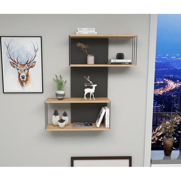 Antracitno siva/naravna večnivojska polica v borovem dekorju 65 cm Destan – Kalune Design-image-1