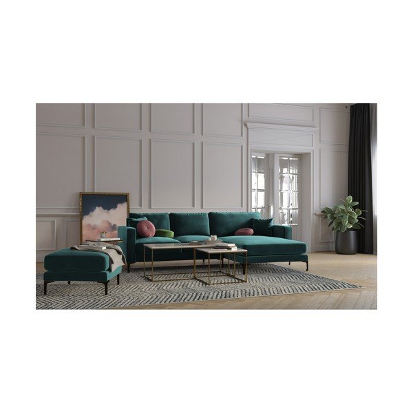 Turkizno modra žametna kotna sedežna garnitura Kooko Home Harmony, desni kot-image-4
