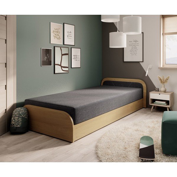 Oker rumena/temno siva oblazinjena postelja iz iverne plošče s prostorom za shranjevanje in z vzmetnico 80x190 cm Parys – ELTAP-image-1