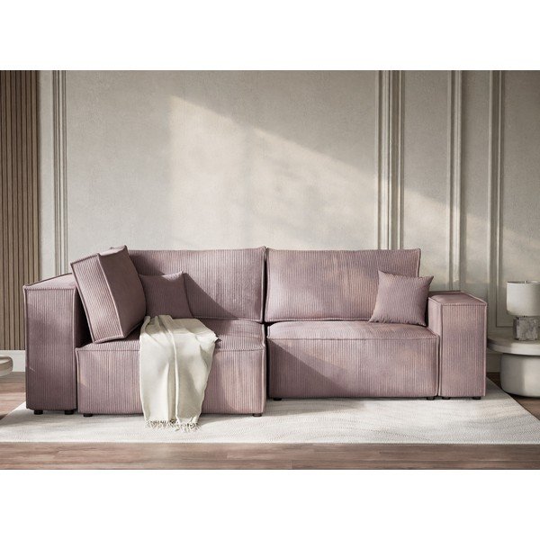 Vijolična raztegljiva/s prostorom za shranjevanje kotna sedežna garnitura iz rebrastega žameta (levi kot/v obliki črke L) Tonga – Maison de Rêve-image-1
