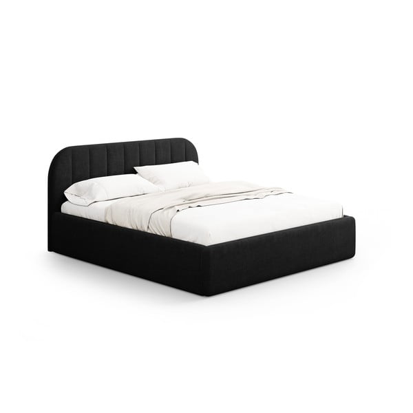 Črna oblazinjena zakonska postelja s prostorom za shranjevanje z letvenim dnom 160x200 cm Juno – Windsor & Co Sofas