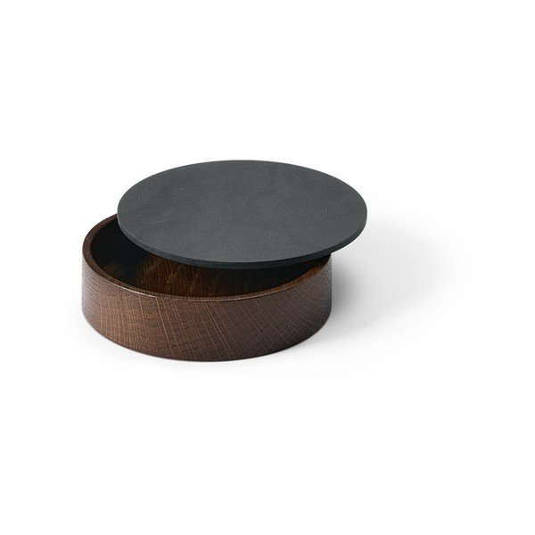 Antracitno sivo-rjava dekorativna škatla za shranjevanje s pokrovom iz lesa in eko usnja ø 11x3,5 cm Circle Nupo – LIND DNA-image-1