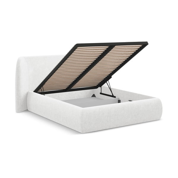 Bela oblazinjena zakonska postelja s prostorom za shranjevanje z letvenim dnom 160x200 cm Hauke – Makamii-image-2