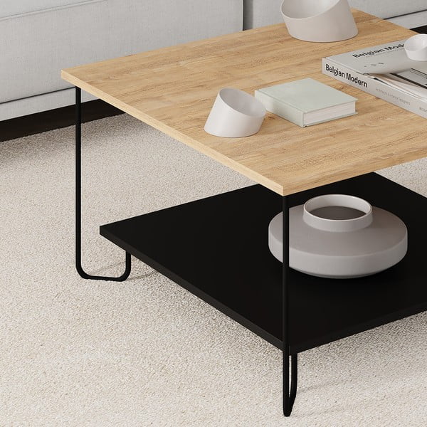 Črna/naravna mizica z mizno ploščo v hrastovem dekorju 80x80 cm Tonka – Marckeric-image-1