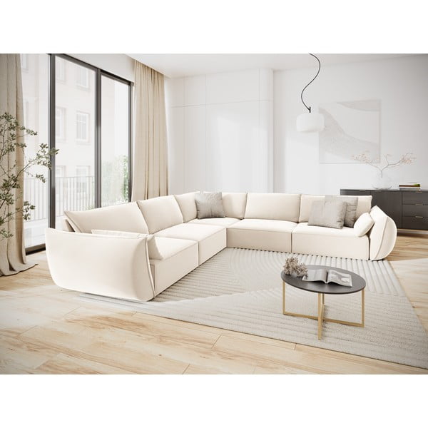 Bež žametna kotna sedežna garnitura Vanda – Mazzini Sofas-image-1