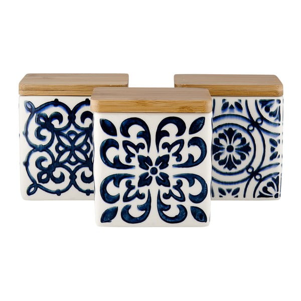 Komplet 3 keramičnih kozarcev za hrano s pokrovom iz bambusa in modrim vzorcem Ladelle Coventry