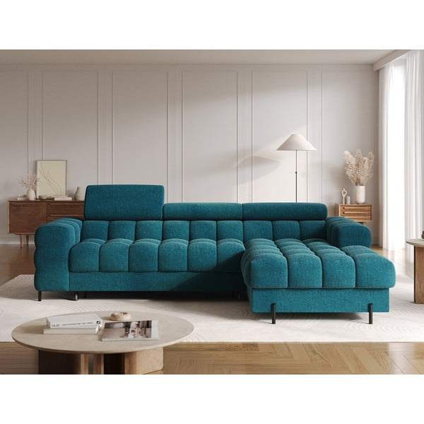 Modra raztegljiva/s prostorom za shranjevanje kotna sedežna garnitura iz tkanine bouclé (desni kot/z ležalnikom) Felro – ELTAP-image-1