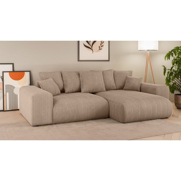 Bež raztegljiva kotna sedežna garnitura iz rebrastega žameta s prostorom za shranjevanje (s kotom po izbiri) Luma – Ropez-image-1