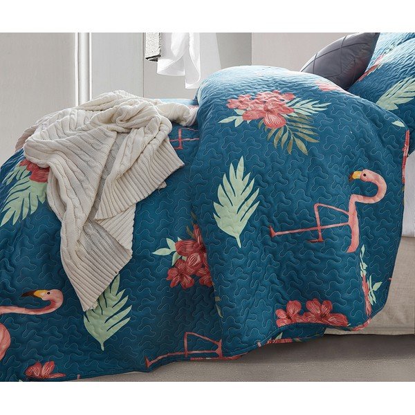 Modro posteljno pregrinjalo iz mikropercala z dvema prevlekama za vzglavnik Sleeptime Flamingo, 180 x 250 cm-image-1