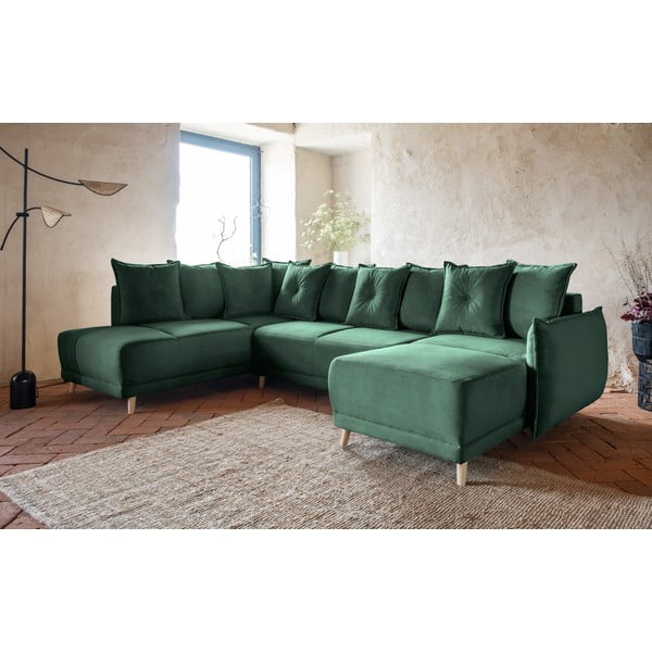 Zelena raztegljiva kotna sedežna garnitura iz rebrastega žameta (levi kot/v obliki črke "U") Lazy Lukka – Miuform-image-3