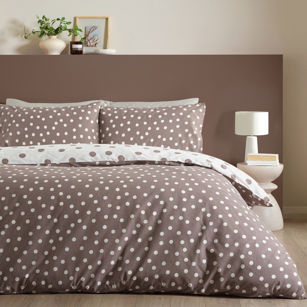 Bela/temno rjava enojna posteljnina Polka Dot