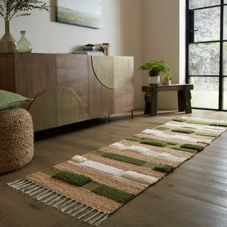Ročno tkan tekač iz mešanice jute v naravni in zeleni barvi 60x230 cm Medina Blocks – Flair Rugs