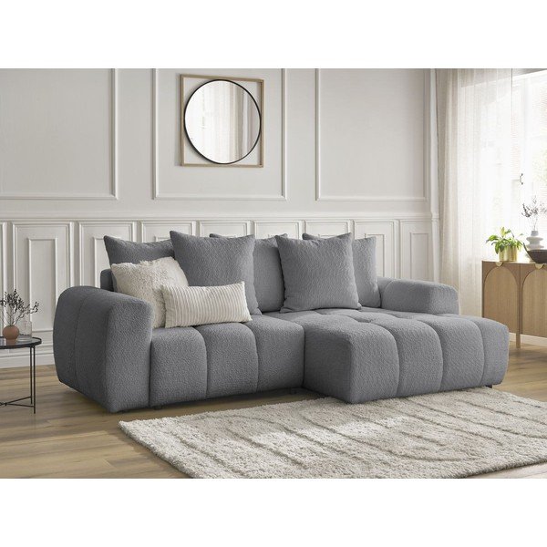 Siva raztegljiva kotna sedežna garnitura iz tkanine bouclé s prostorom za shranjevanje (desni kot/z ležalnikom) Roxelane – Bobochic Paris-image-4