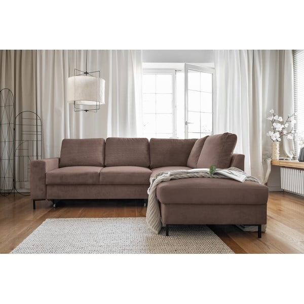 Rjava raztegljiva kotna sedežna garnitura iz rebrastega žameta (desni kot) Lofty Lilly – Miuform-image-4