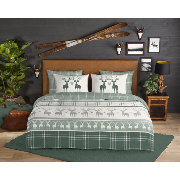 Zelena in kremno bela flanelna posteljnina za zakonsko posteljo/podaljšana 200x220 cm Bjirk – Good Morning-image-1