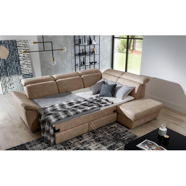 Bež žametna raztegljiva/s prostorom za shranjevanje kotna sedežna garnitura (desni kot/v obliki črke L) Loreto – ELTAP-image-4