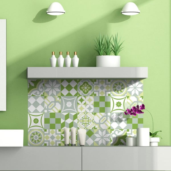 Komplet 24 stenskih nalepk Ambiance Green Patchwork Tiles, 10 x 10 cm