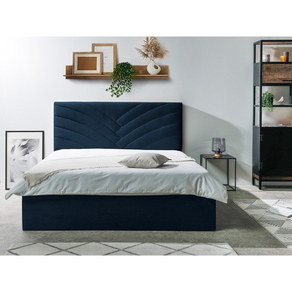 Temno modra oblazinjena zakonska postelja s prostorom za shranjevanje in letvenim dnom 160x200 cm Palmyre - Bobochic Paris-image-2