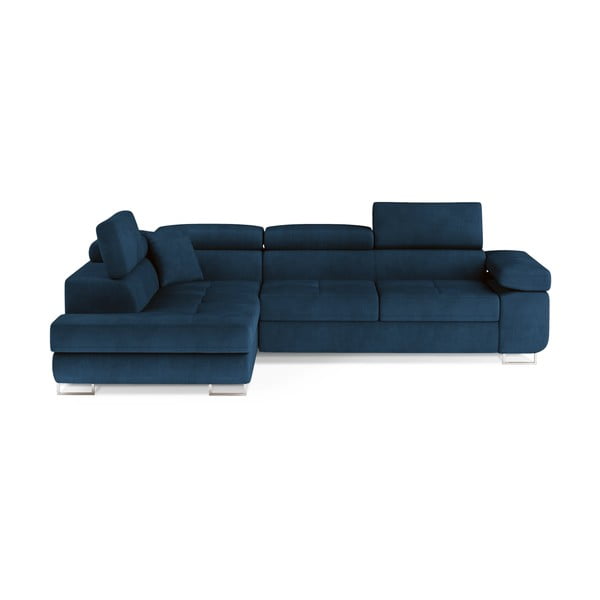 Modra žametna raztegljiva/s prostorom za shranjevanje kotna sedežna garnitura (levi kot/v obliki črke L) Anton – ELTAP