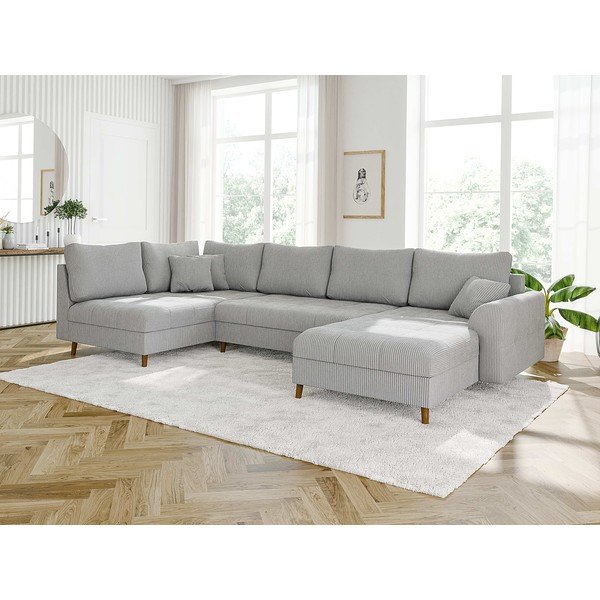 Svetlo siva kotna sedežna garnitura iz rebrastega žameta (desni kot/v obliki črke "U") Ariella – Ropez-image-3