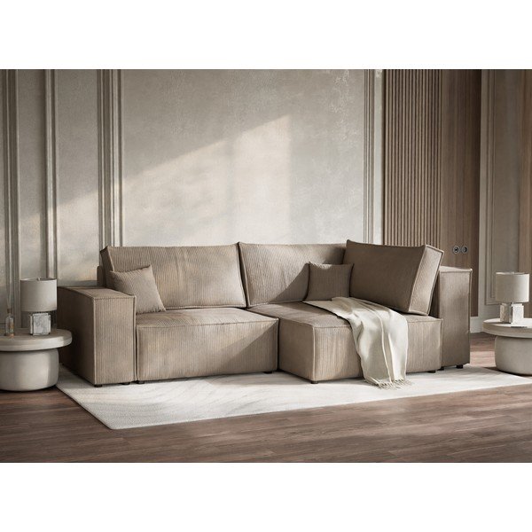 Bež raztegljiva/s prostorom za shranjevanje kotna sedežna garnitura iz rebrastega žameta (desni kot/v obliki črke L) Tonga – Maison de Rêve-image-4