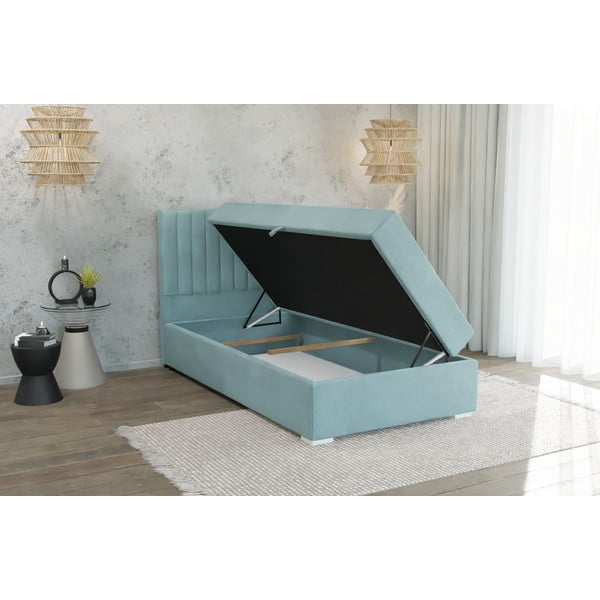 Svetlo modra oblazinjena postelja s prostorom za shranjevanje z letvenim dnom 90x200 cm Bunny – Ropez-image-3