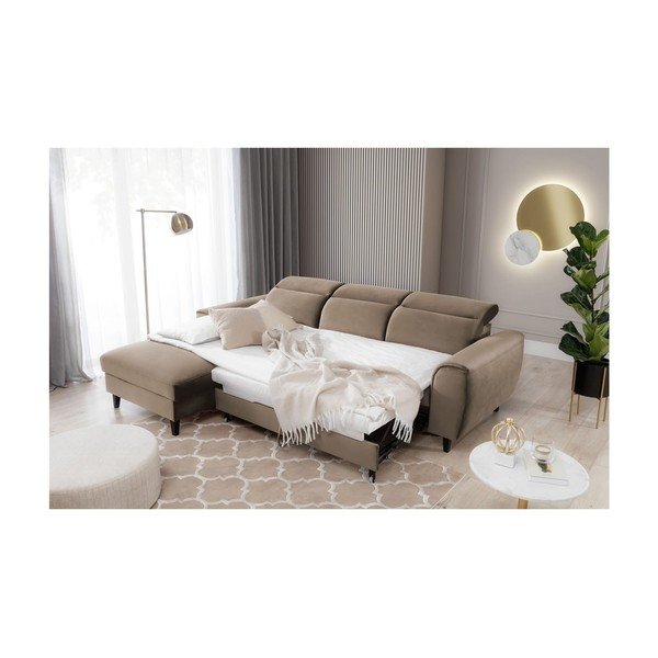Svetlo rjava žametna raztegljiva/s prostorom za shranjevanje kotna sedežna garnitura (levi kot/z ležalnikom) Foble – ELTAP-image-4