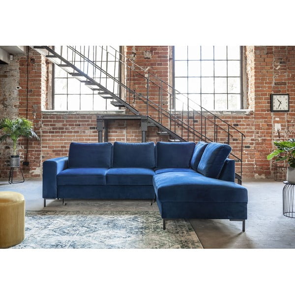 Temno modra žametna raztegljiva kotna sedežna garnitura (desni kot) Lofty Lilly – Miuform-image-1