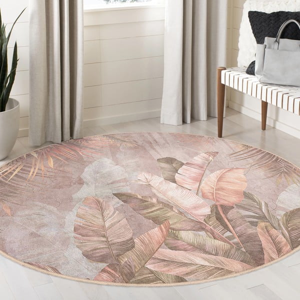 Svetlo rožnata pralna okrogla preproga ø 120 cm Dusty Leaves – Mila Home-image-3