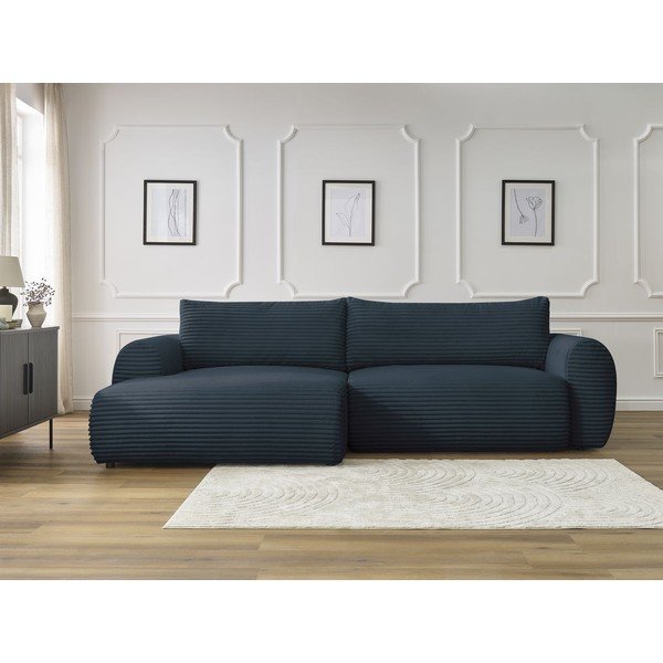 Temno modra raztegljiva kotna sedežna garnitura iz rebrastega žameta (levi kot) Lucien – Bobochic Paris-image-1