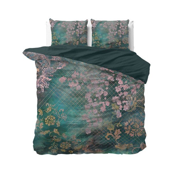 Zelena bombažna posteljnina za zakonsko posteljo Pure Cotton Tiran Flower, 240 x 200 cm