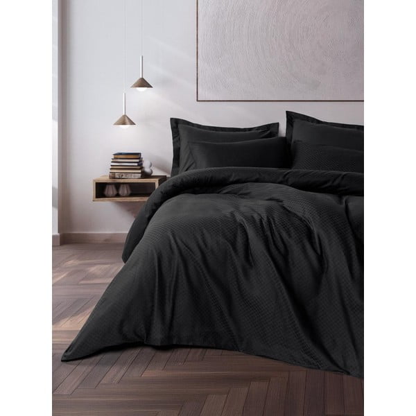 Črna enojna posteljnina iz renforce bombaža 140x200 cm Checkered – Mila Home Luxury-image-1