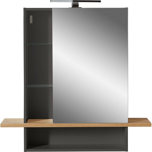 Temno siva viseča kopalniška omarica z ogledalom v hrastovem dekorju 90x91 cm Avellino - Germania
