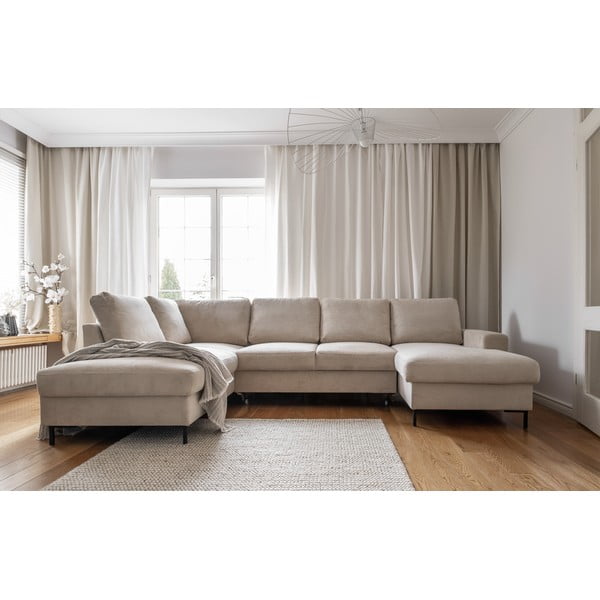 Bež raztegljiva kotna sedežna garnitura iz rebrastega žameta (levi kot) Lofty Lilly – Miuform-image-1