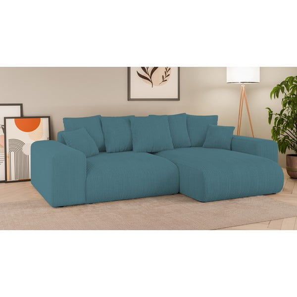 Turkizna raztegljiva kotna sedežna garnitura iz rebrastega žameta s prostorom za shranjevanje Luma – Ropez-image-1