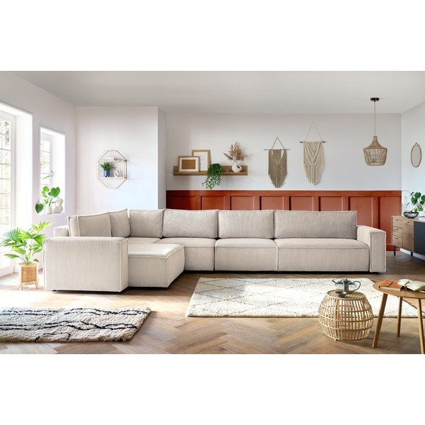 Kremno bela kotna sedežna garnitura iz rebrastega žameta (levi kot) Nihad modular – Bobochic Paris-image-1