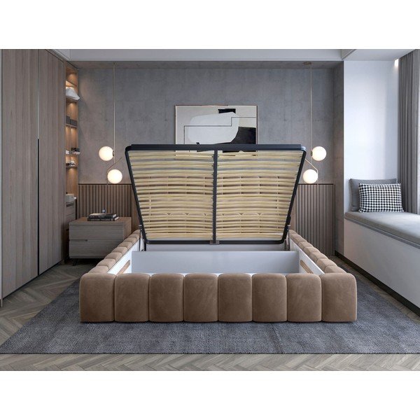 Svetlo rjava oblazinjena zakonska postelja s prostorom za shranjevanje in z letvenim dnom 140x200 cm Lamica – ELTAP-image-2