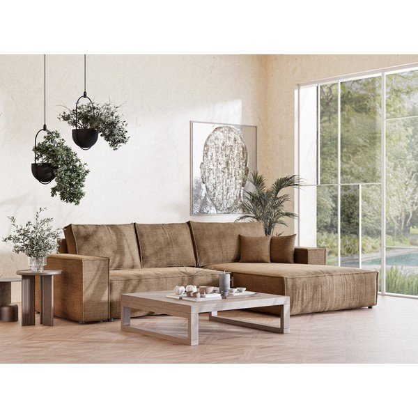 Svetlo rjava raztegljiva/s prostorom za shranjevanje kotna sedežna garnitura iz šenilje (desni kot/z ležalnikom) Maze – Maison de Rêve-image-1