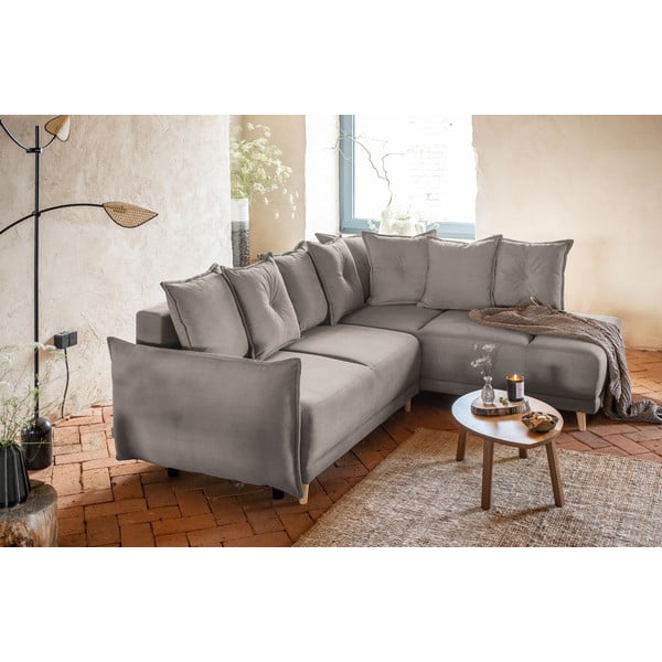 Svetlo rjava raztegljiva kotna sedežna garnitura iz rebrastega žameta (desni kot) Lazy Lukka – Miuform-image-1