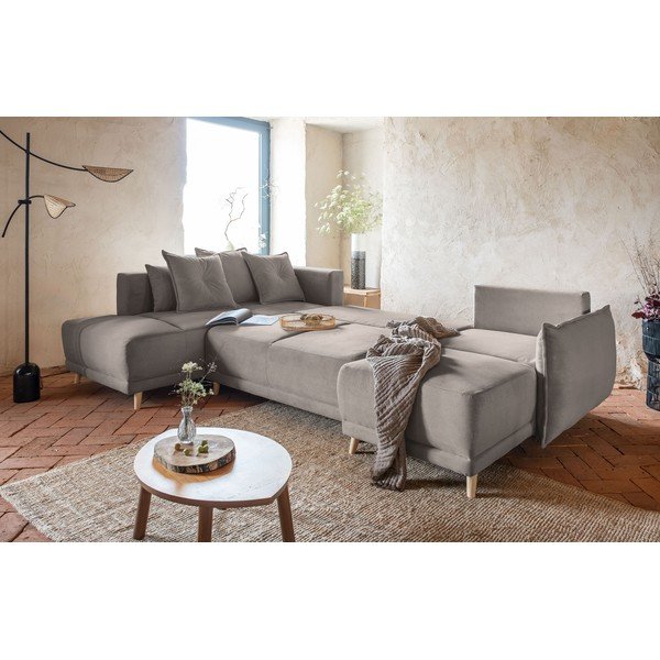 Svetlo rjava raztegljiva kotna sedežna garnitura iz rebrastega žameta (levi kot/v obliki črke "U") Lazy Lukka – Miuform-image-1