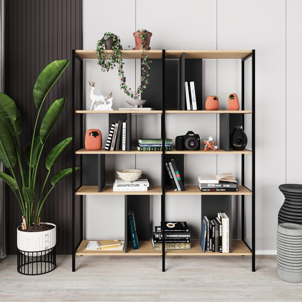 Črn/naraven regal v hrastovem dekorju 144x175 cm Alabama – Marckeric-image-3