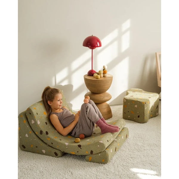 Zelen otroški tabure iz tkanine bouclé in šenilje Terrazzo Cloud – Wigiwama-image-2