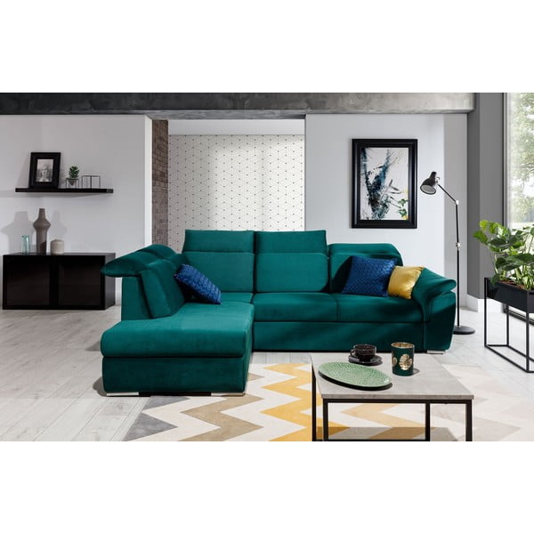 Zelena žametna raztegljiva/s prostorom za shranjevanje kotna sedežna garnitura (levi kot/v obliki črke L) Loreto – ELTAP-image-1