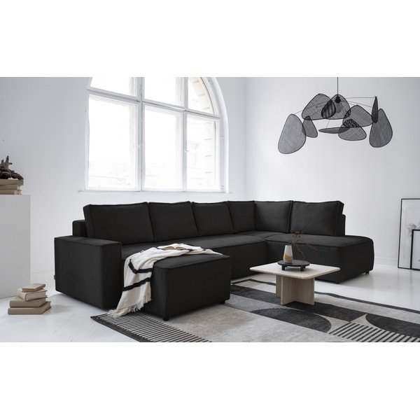 Antracitno siva raztegljiva kotna sedežna garnitura iz rebrastega žameta (desni kot/v obliki črke "U") Brave Dave – Miuform-image-2