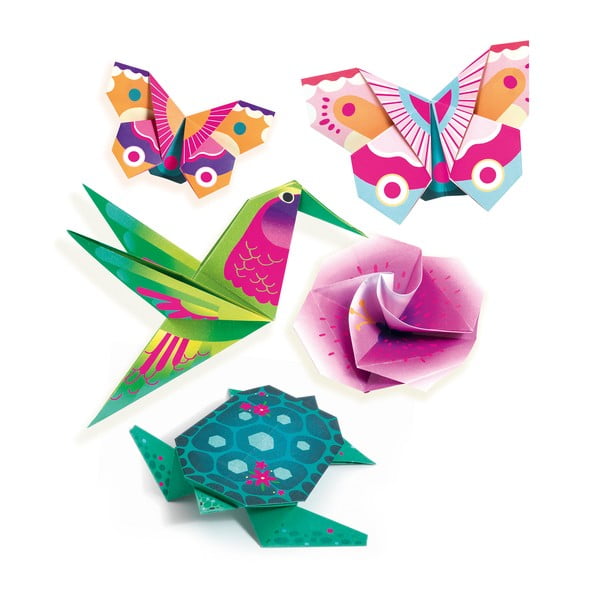 Komplet 24 papirjev za origami z navodili Djeco Neon Tropics
