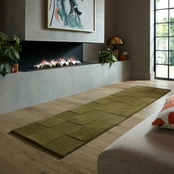 Kaki zelen ročno tkan volnen tekač 60x230 cm Checkerboard – Flair Rugs-image-1