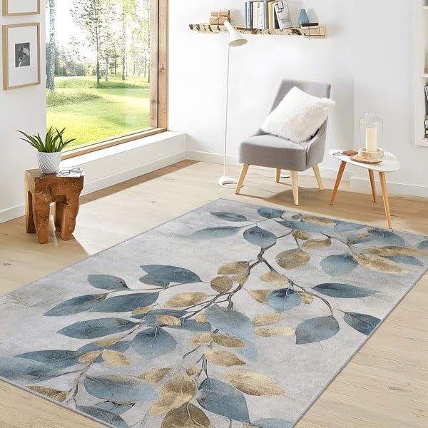 Svetlo modra/zlata pralna preproga 120x180 cm Golden Leaves – Mila Home-image-2