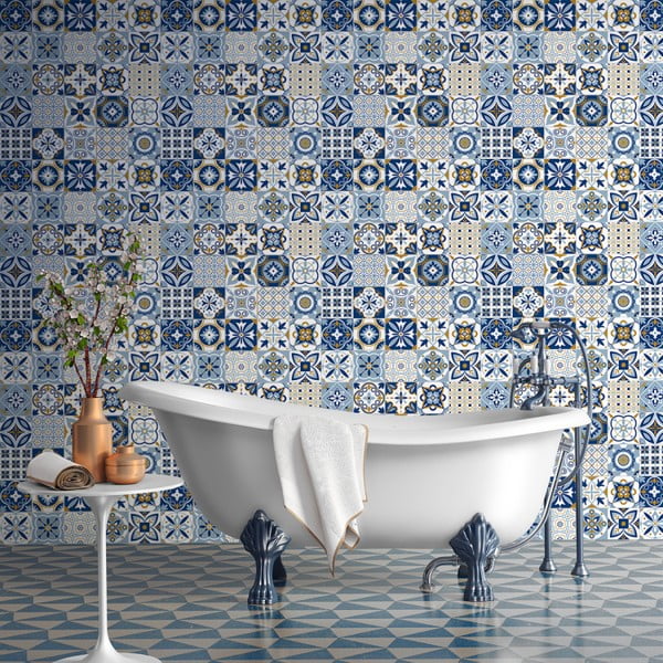 Komplet 60 stenskih nalepk Ambiance Azulejos Nelia, 10 x 10 cm