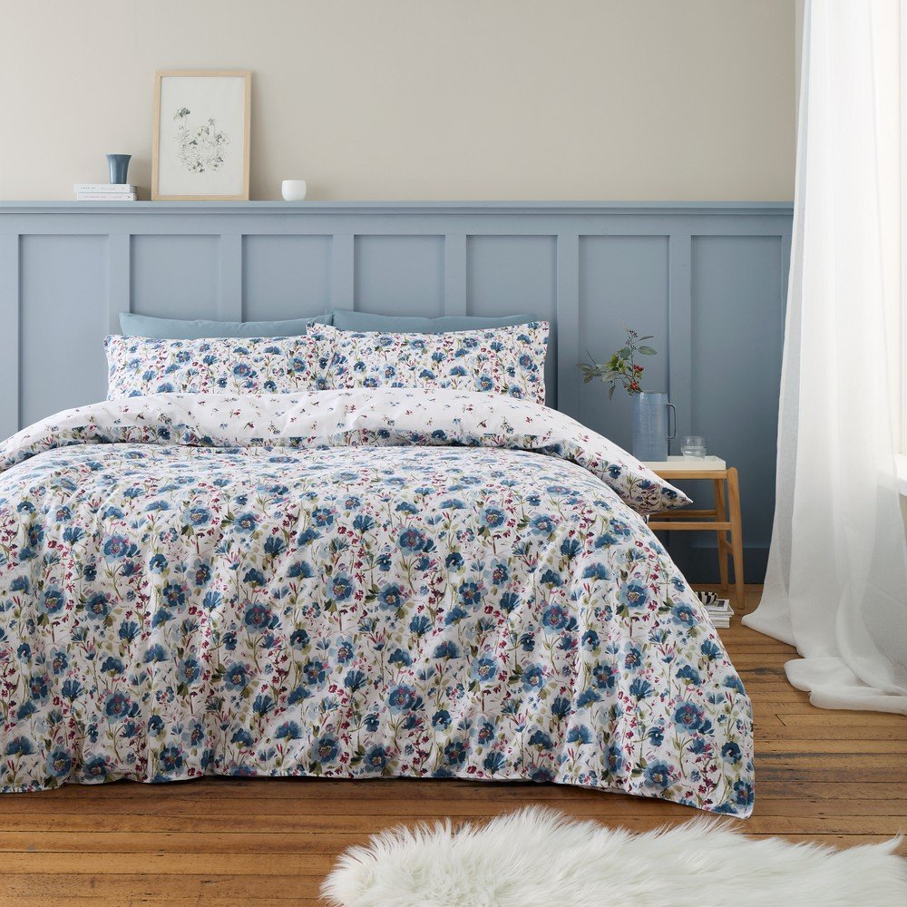 Bela/modra enojna flanelna posteljnina 135x200 cm Ophelia Floral